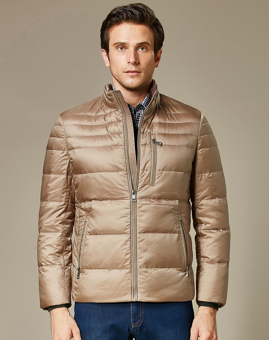 卡尔丹顿kaltendin 男款卡其色休闲无帽立领修身保暖羽绒服外套