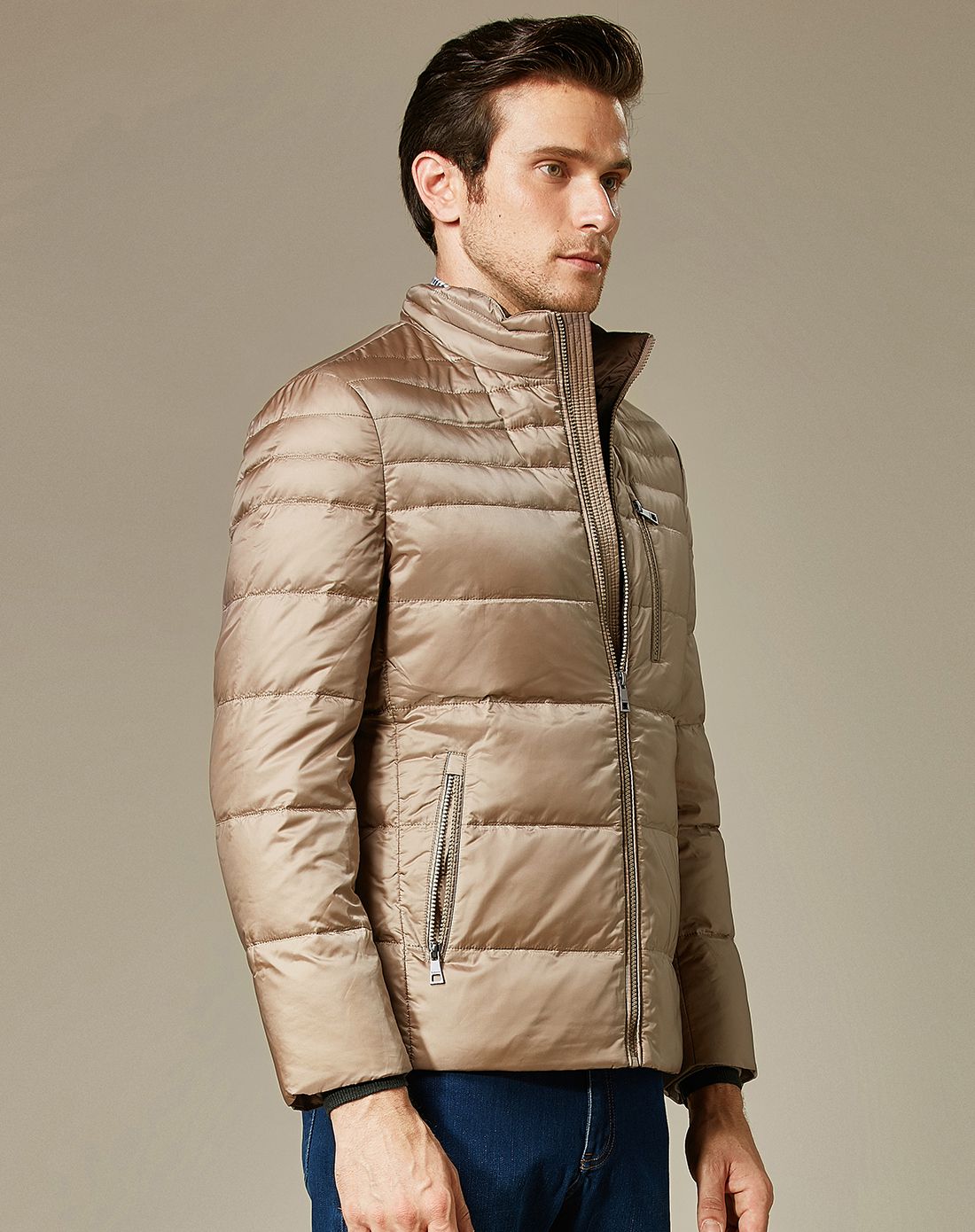 卡尔丹顿kaltendin 男款卡其色休闲无帽立领修身保暖羽绒服外套