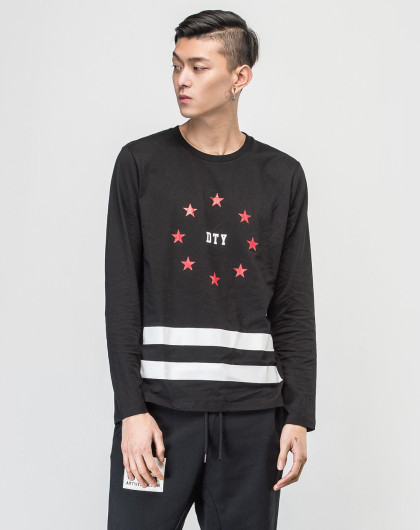 asics&dusty复古潮流专场男款高街长袖tee 五角星元素du161lt003bk