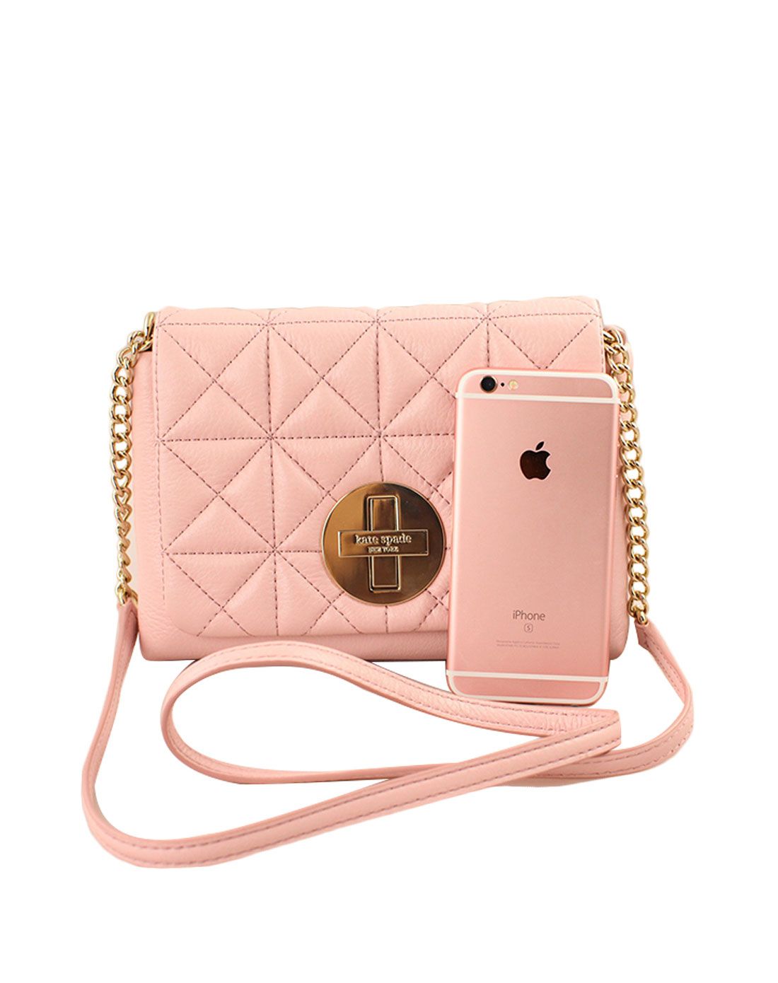 kate spade女款naomi 系列 小号绗缝款十字扣金属链斜挎包 浅粉色