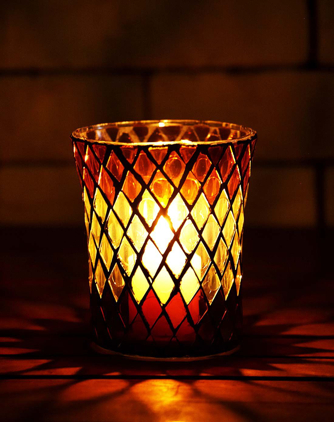 【特价清仓】琥珀变奏手工马赛克玻璃圆柱烛台(小号)