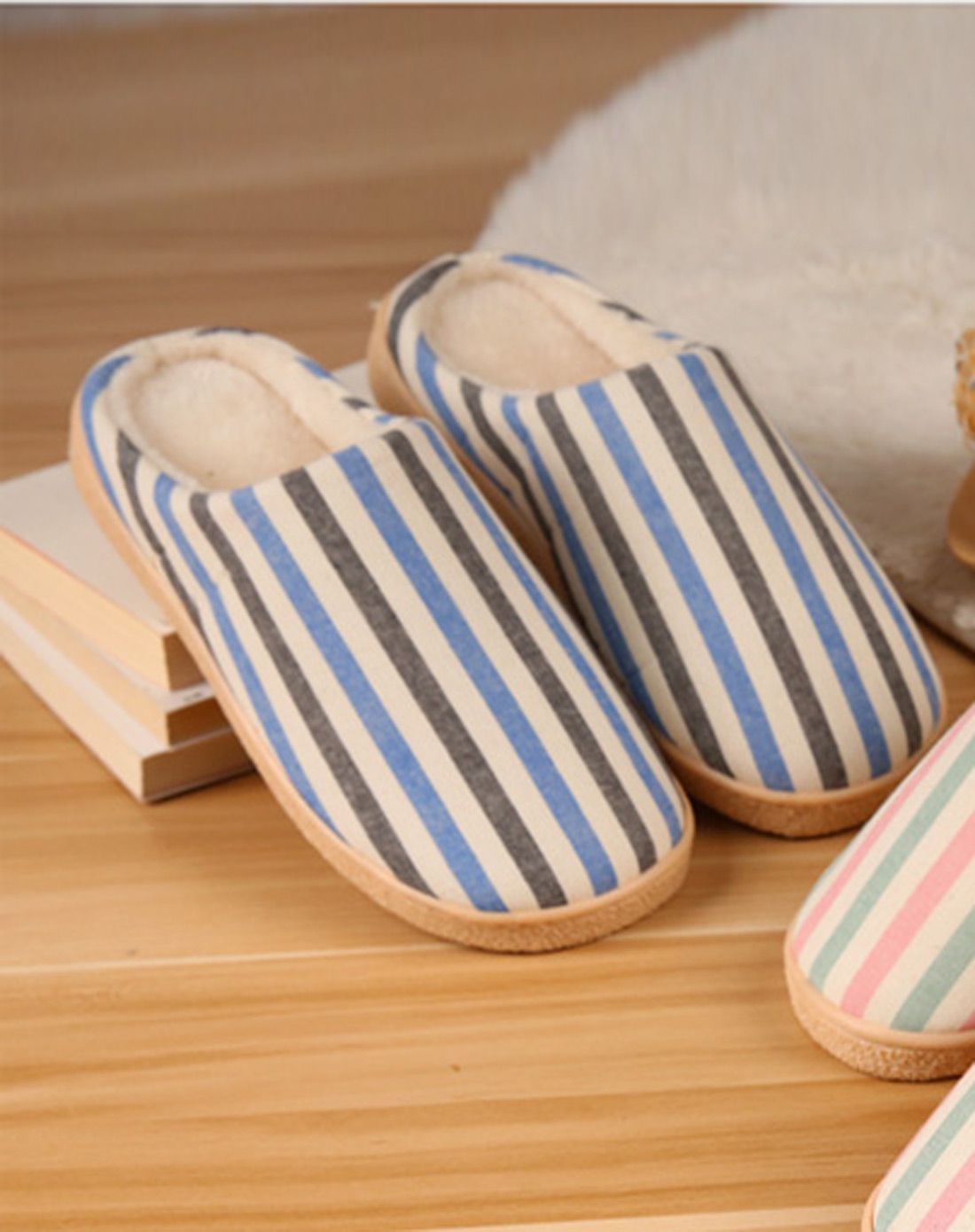 【两件起售】简约条纹情侣拖鞋男士宝蓝色棉拖鞋28码