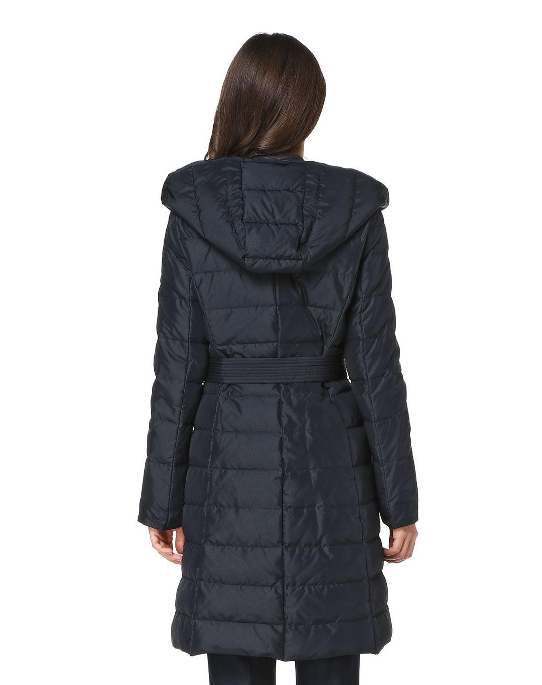 蓝黑色时尚简约长袖中长款羽绒服