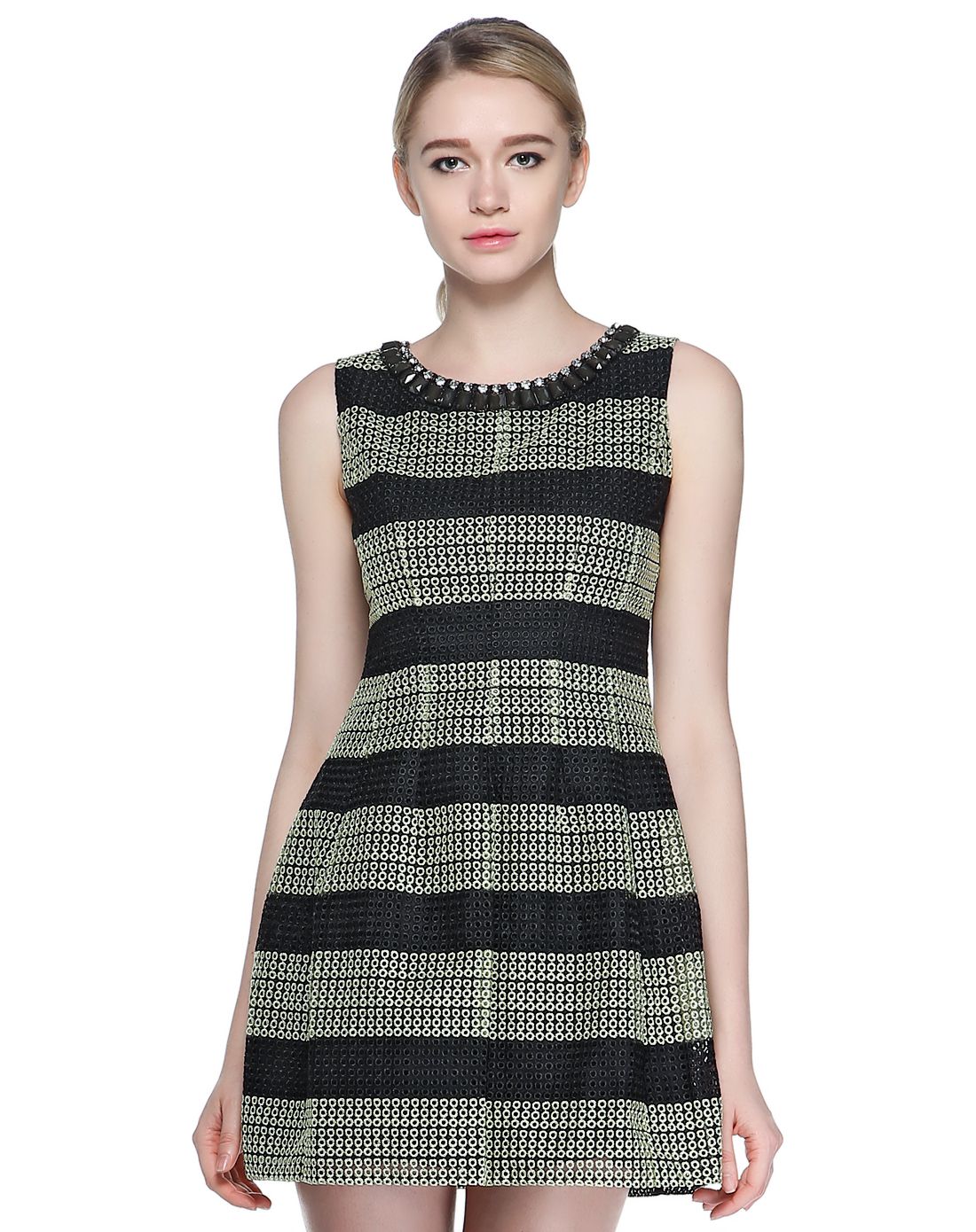 299封顶-pesaro女装清仓专场黑/黄色镂空绣花无袖连衣裙4109-2060-34