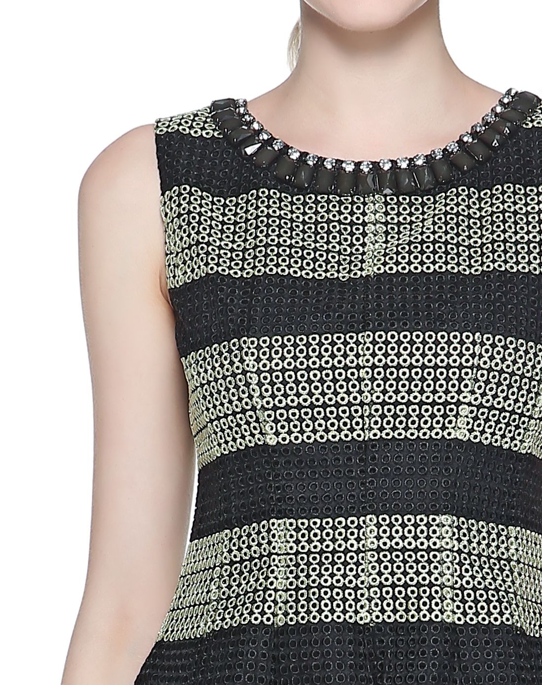 299封顶-pesaro女装清仓专场黑/黄色镂空绣花无袖连衣裙4109-2060-34