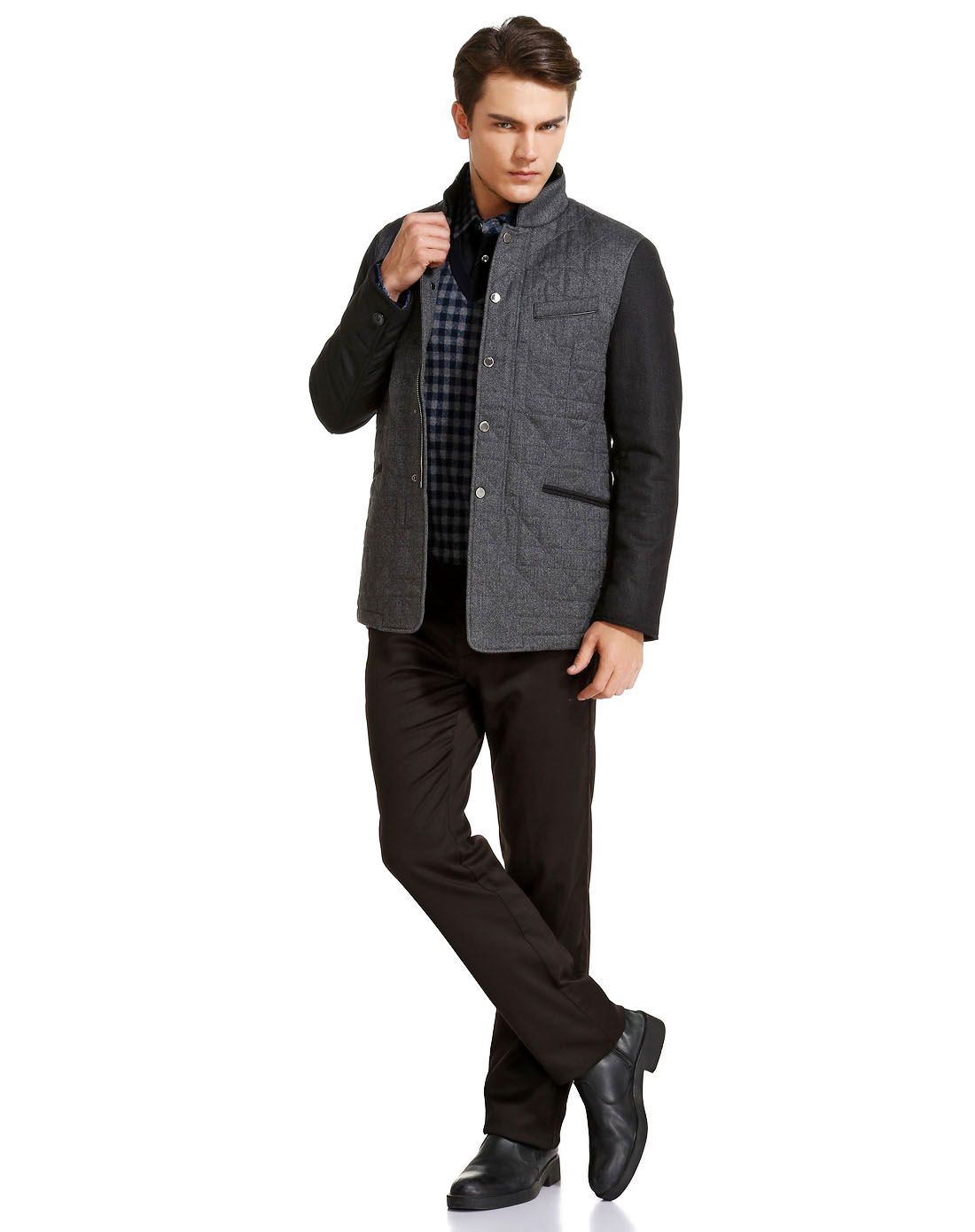 巴赛诺boscero男装专场 深灰/黑色羊毛混纺小立领棉服