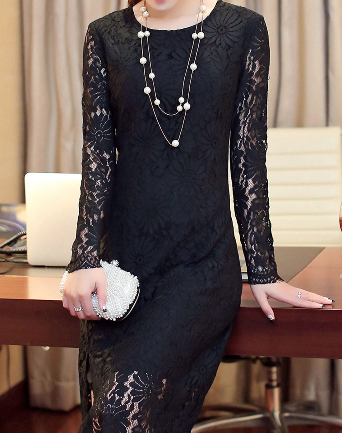 黑色修身气质长袖蕾丝连衣裙