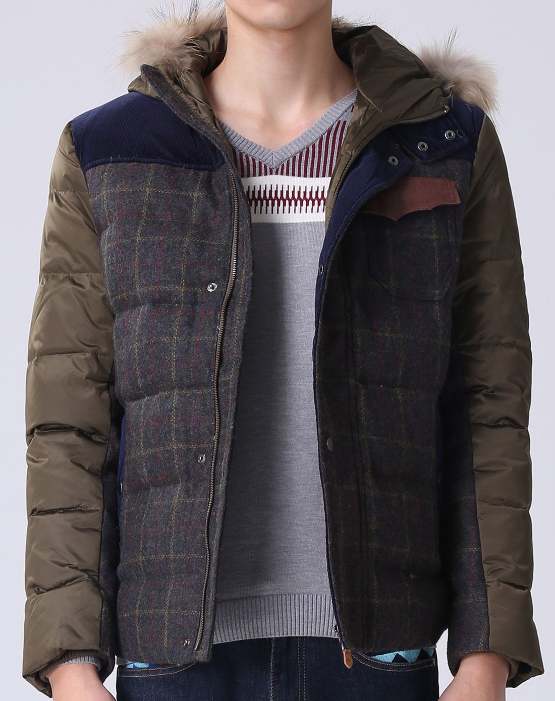 摩高mogao深绿男装呢料格子羽绒服861253046563深绿_唯品会