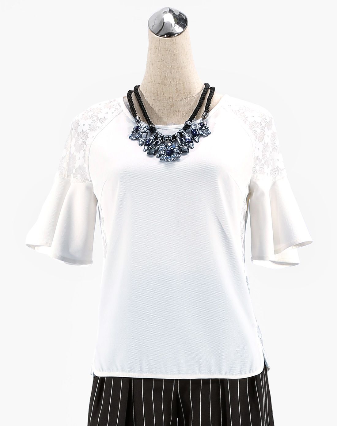 黛雅可daiyake【夏新款】 荔枝糖 优雅蕾丝拼接波浪袖蕾丝衫361401101