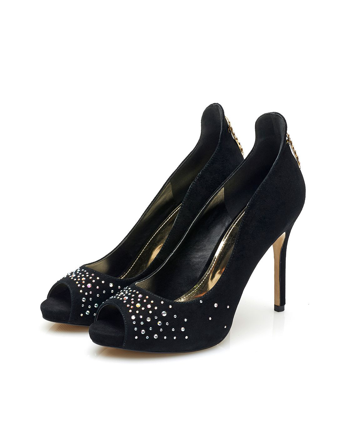 达芙妮圆漾系列细高跟水钻磨砂亮面鱼嘴黑色女凉鞋