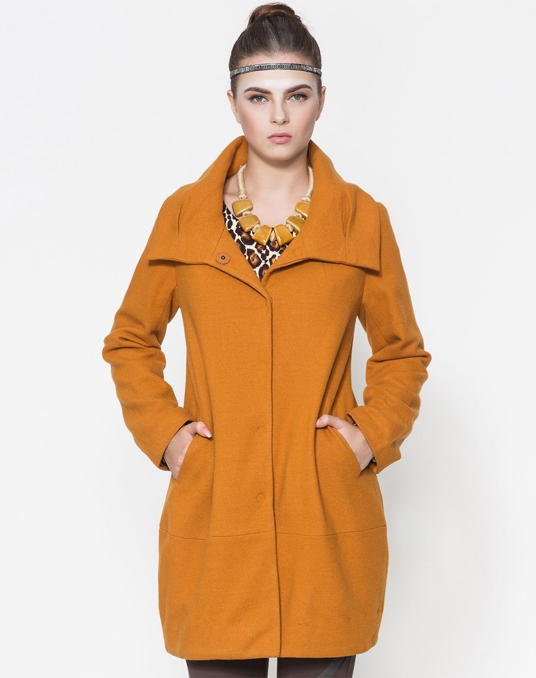 灰橙色高档纯色修身显瘦柔软羊毛茧形大衣