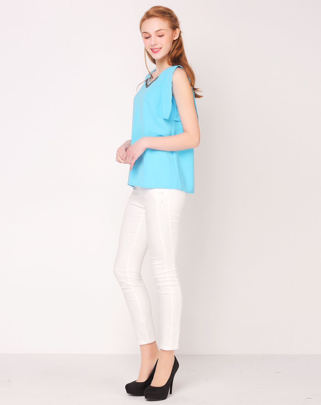 钻石蓝韩版纯色清爽雪纺衬衫