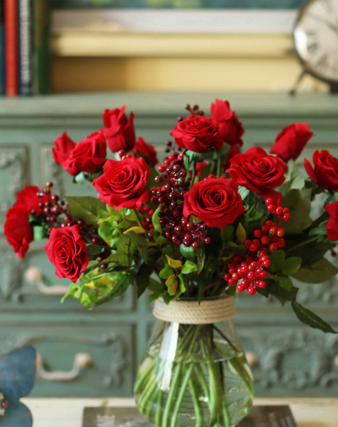 26枝大套装-仿真红玫瑰 浆果组合-不含瓶