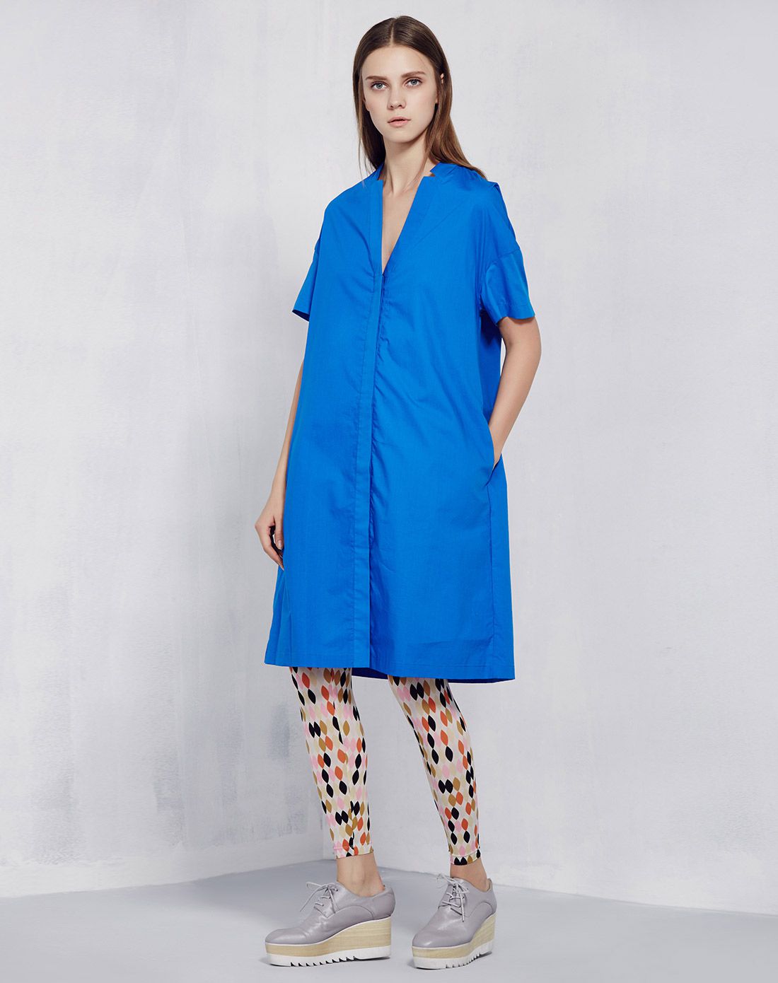 宝石蓝全棉短袖连衣裙