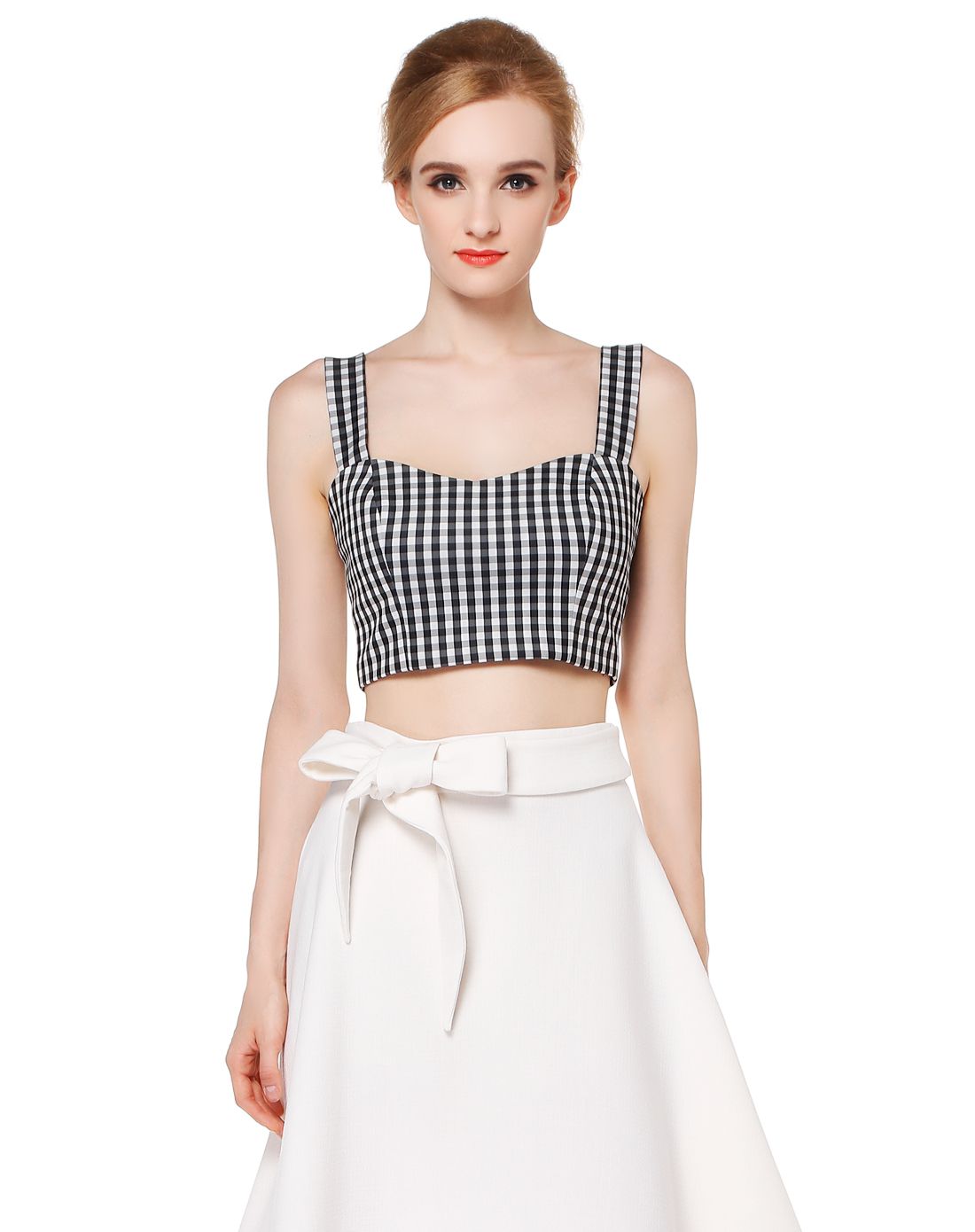 黑/白色时尚格子宽肩吊带上衣