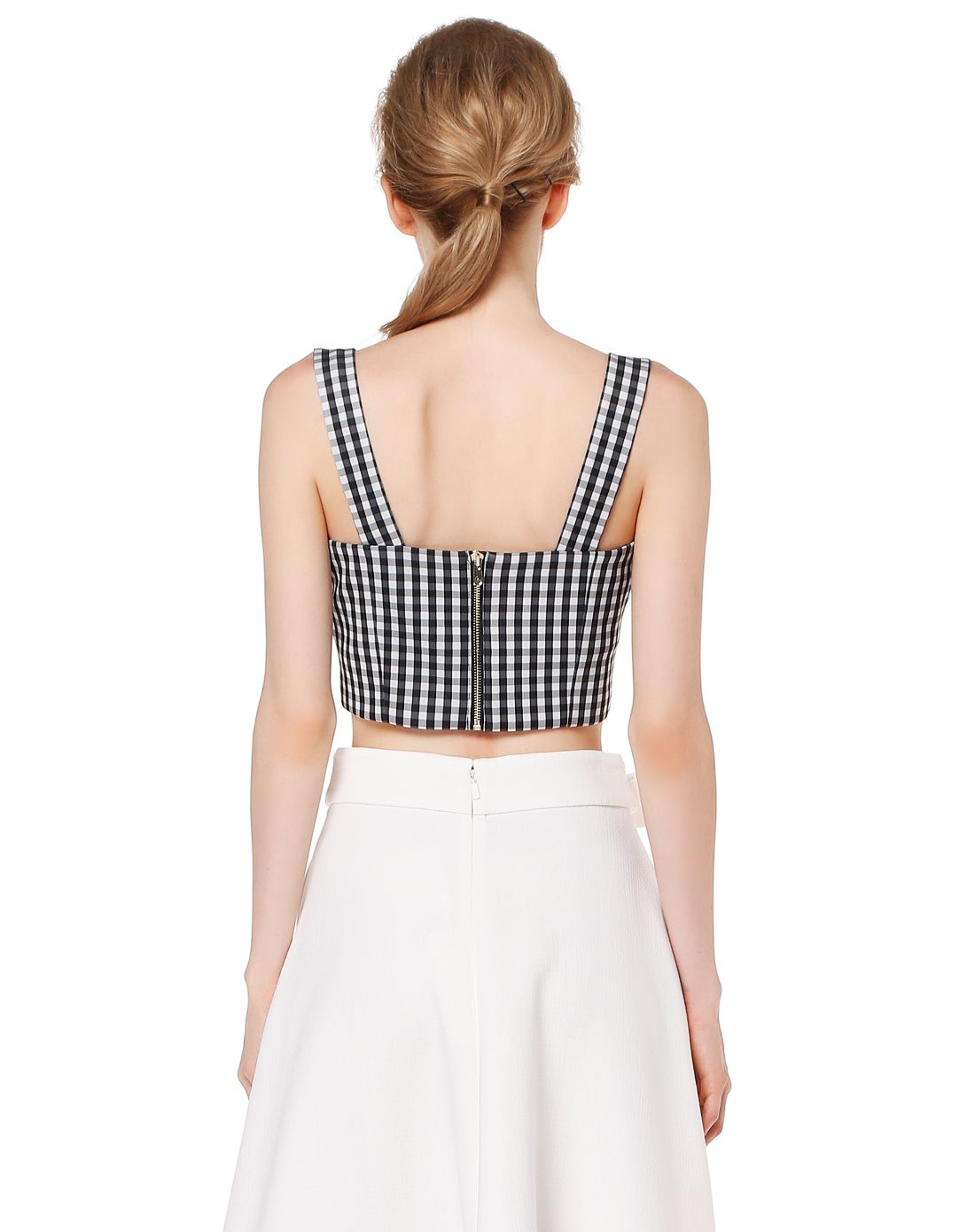 黑/白色时尚格子宽肩吊带上衣