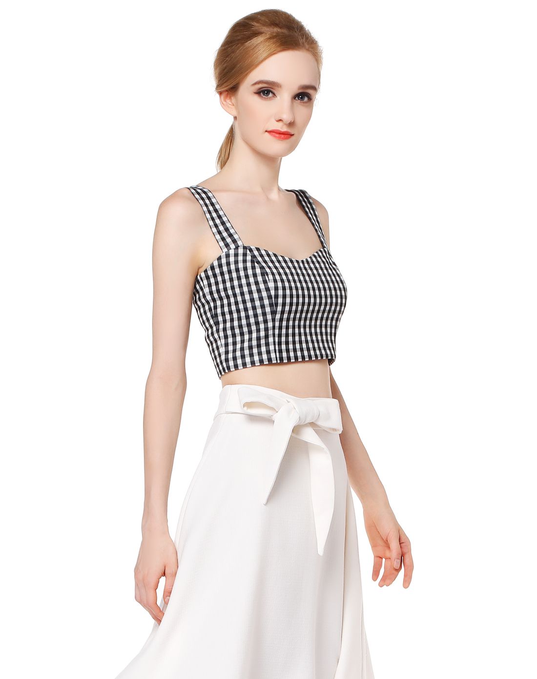 黑/白色时尚格子宽肩吊带上衣