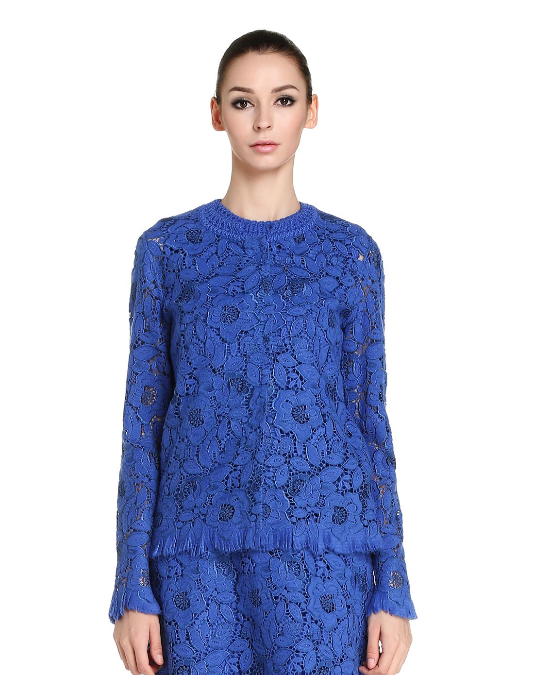 女款皇家蓝色镂空雕花混羊毛圆领外套