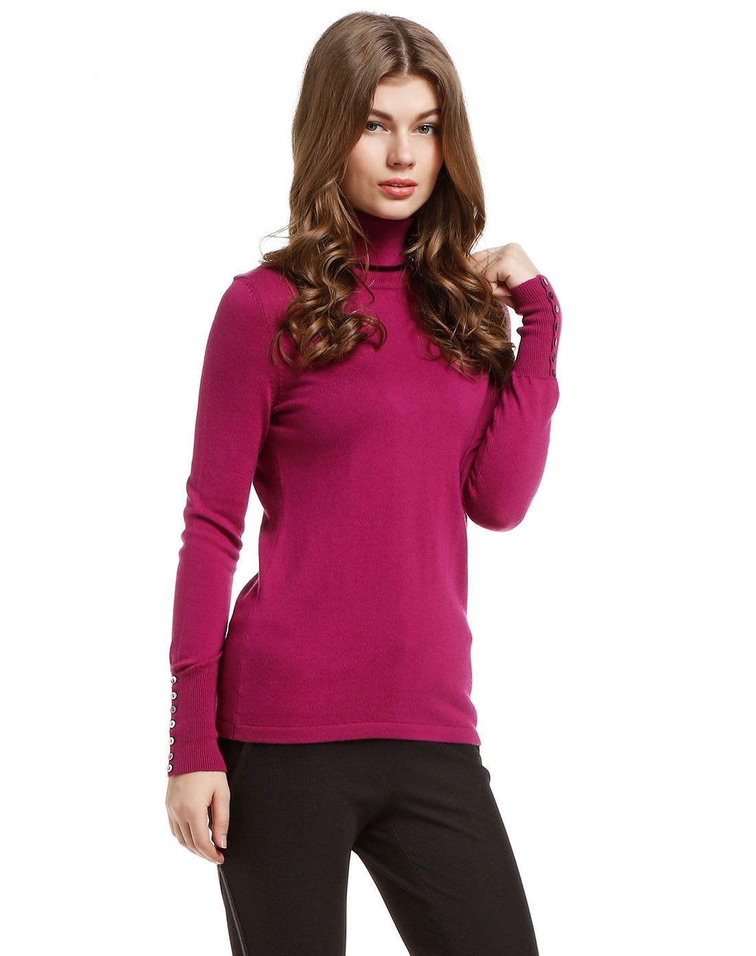 紫红色高领修身长袖羊毛衫