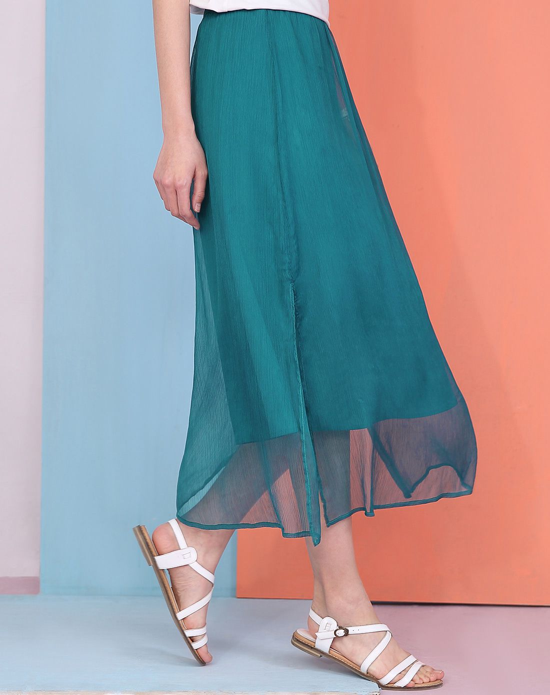 孔雀绿侧开衩雪纺中长裙