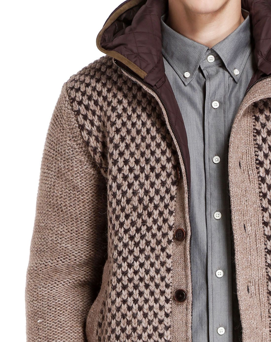 棕卡其/深啡色连帽双袋长袖针织外套