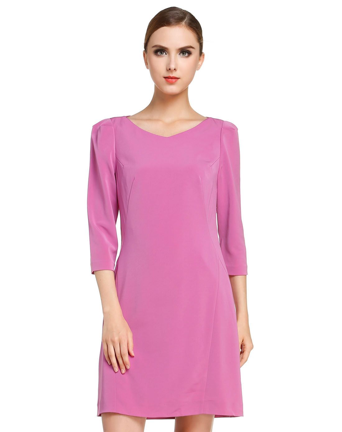 浅紫红色针织拼接七分袖连衣裙