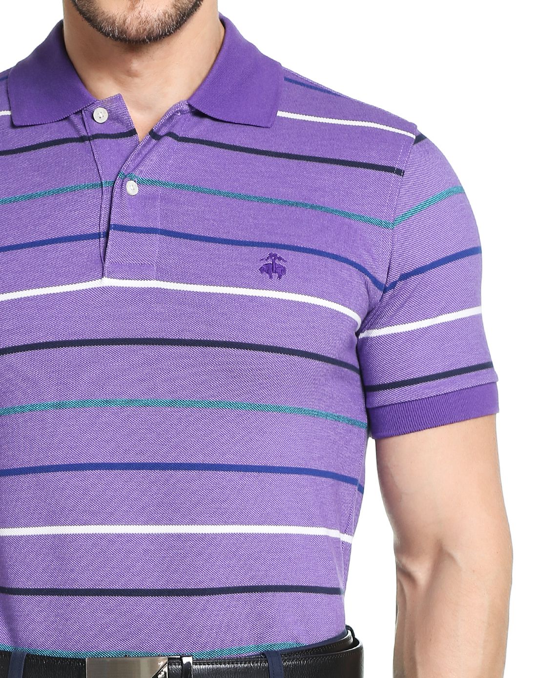 mainline男款紫色横条纹刺绣logo纯棉polo衫