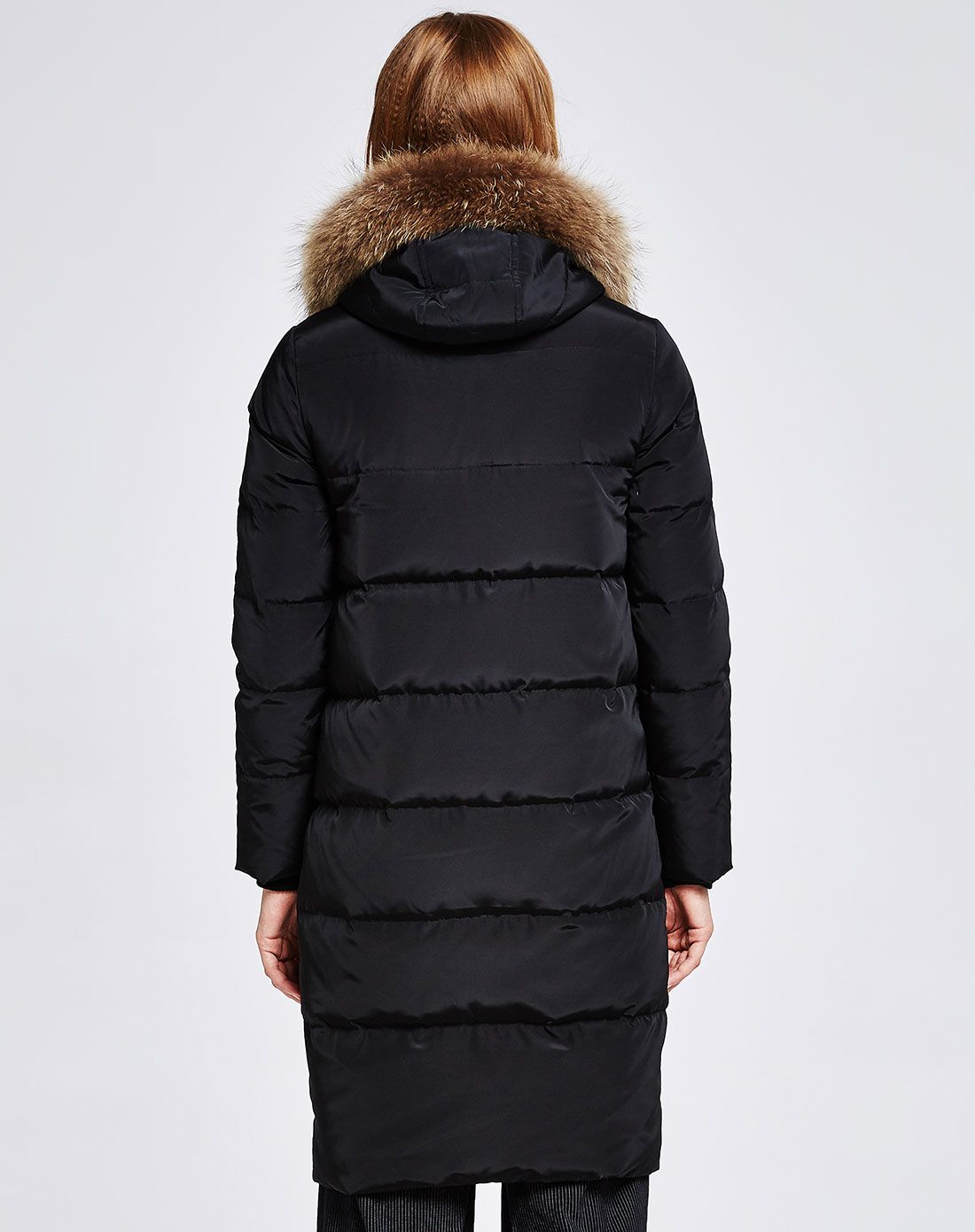 女款黑色大毛领h版廓形长款羽绒服