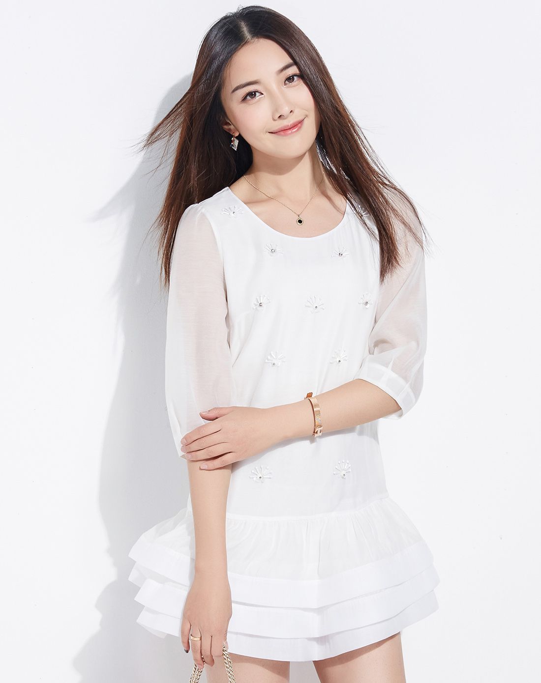 佳人苑jry白色钉珠蓬蓬裙摆甜美连衣裙51946110_唯品会