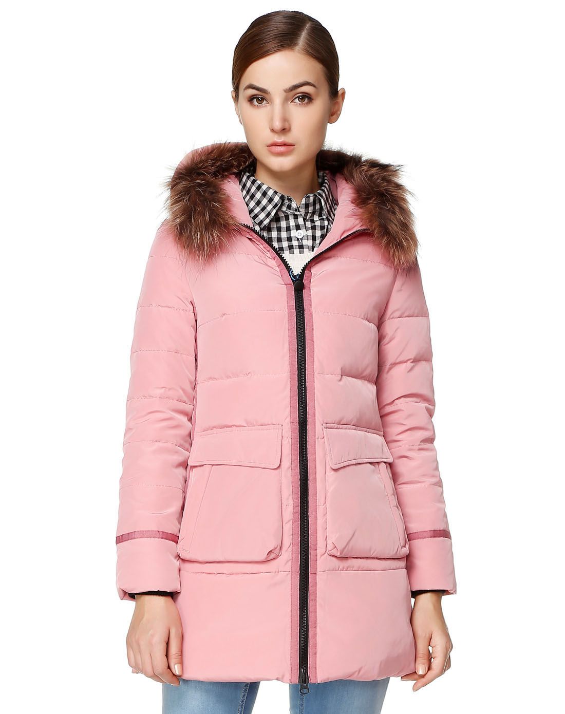 女款暗粉色连帽多袋长袖中长款羽绒服