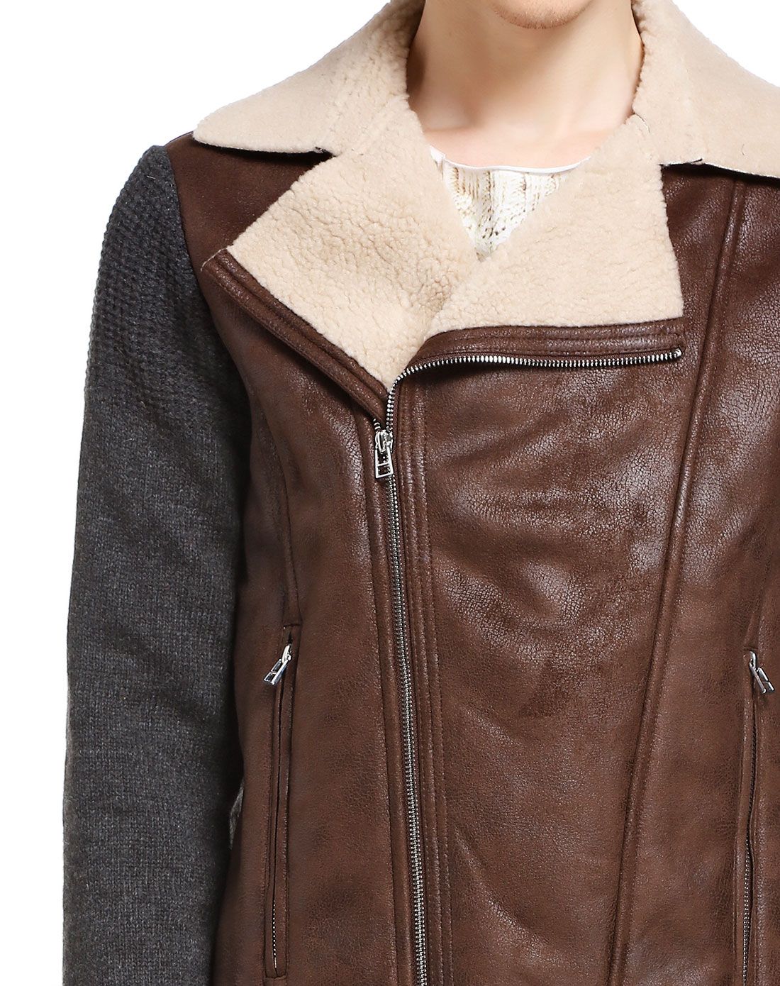 咖啡/黑灰色休闲拼接个性仿皮外套