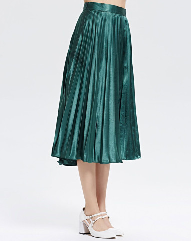 翠绿色高腰百褶纯色百搭半身裙