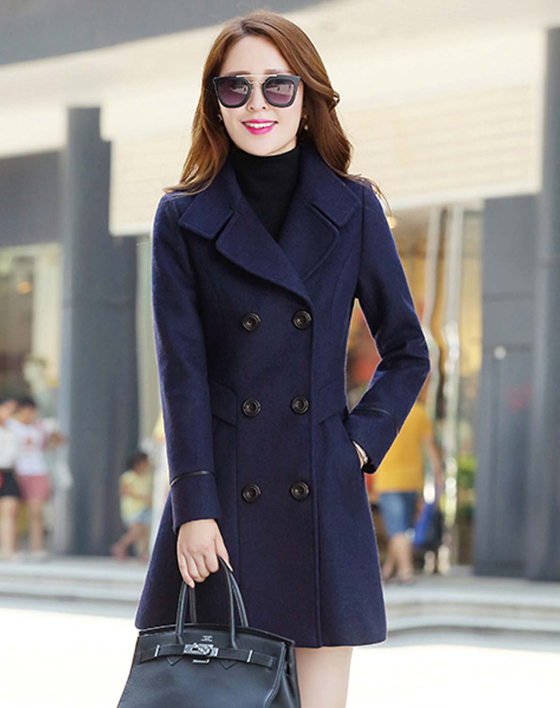女藏青色气质双排扣中长款毛呢大衣