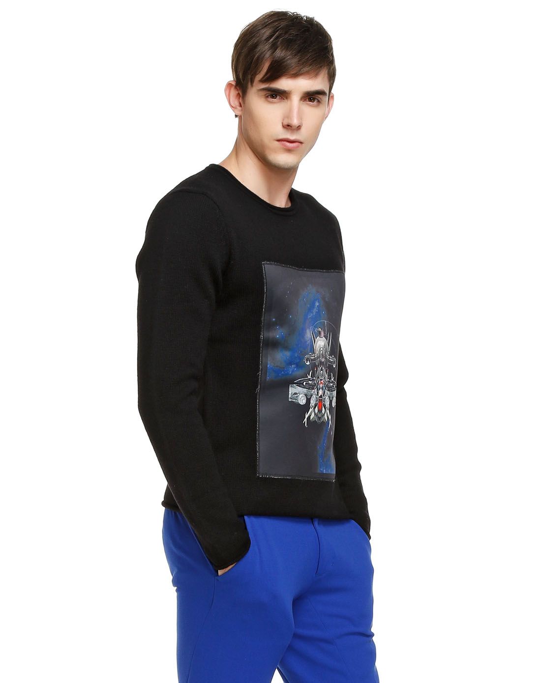 象外rapadlab黑色时尚炫酷印花长袖针织衫94459104400_唯品会