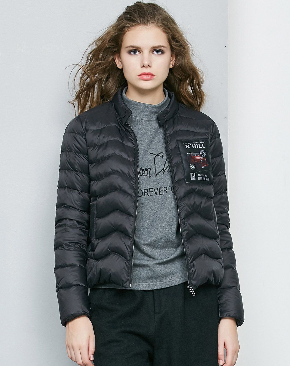 真我永恒me forever黑色立领修身短款羽绒服174162836900_唯品会