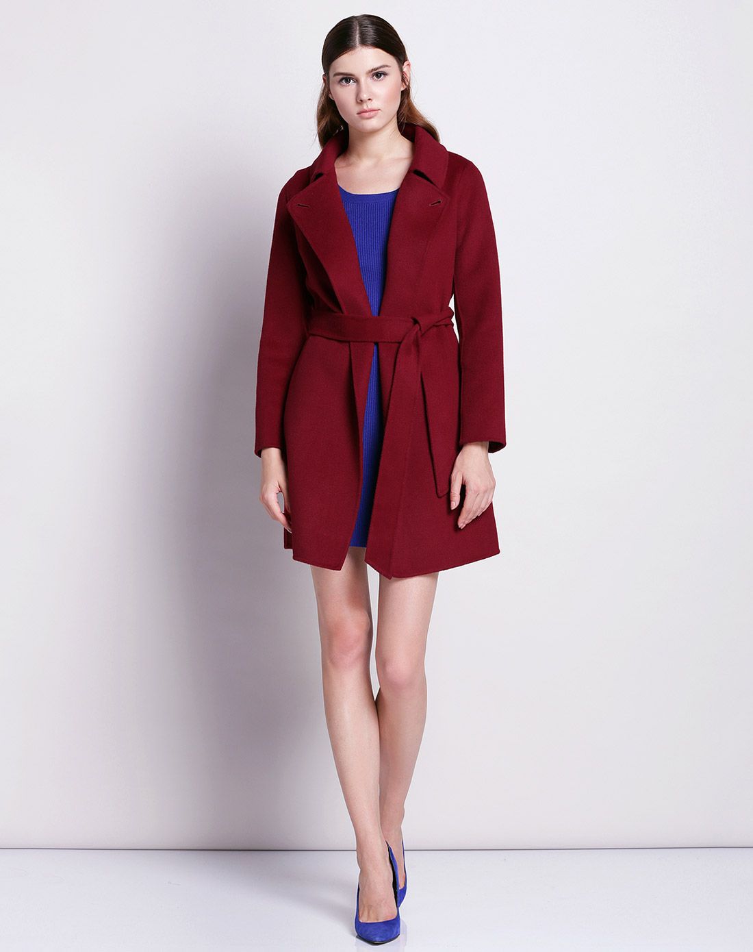 酒红色彼得潘领系腰带小a型双面呢羊毛大衣