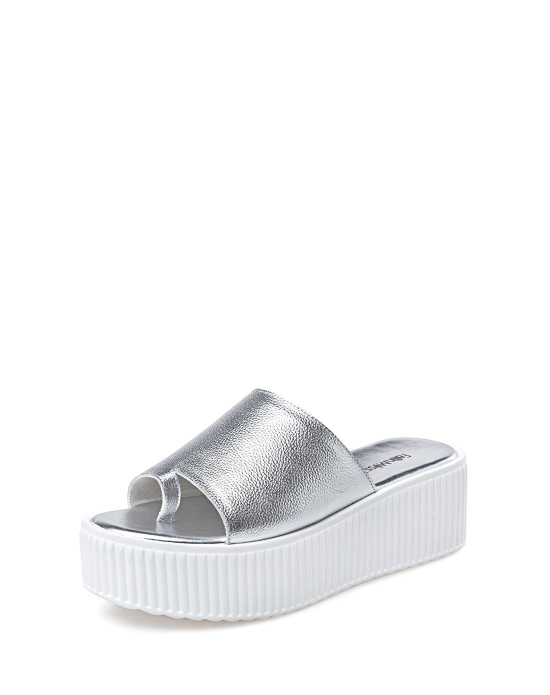 2016夏季新款头层牛皮一字带夹趾松糕厚底女银色拖鞋