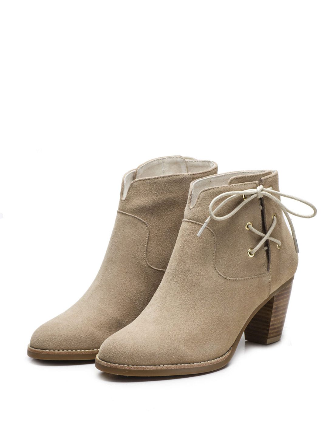 女款米黄色简约甜美粗跟靴