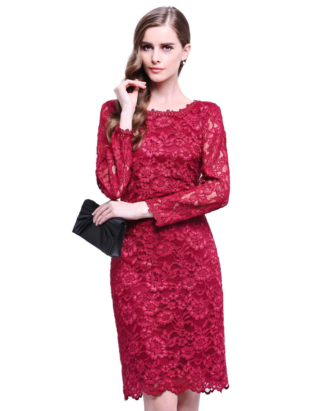 女款酒红色蕾丝修身连衣裙