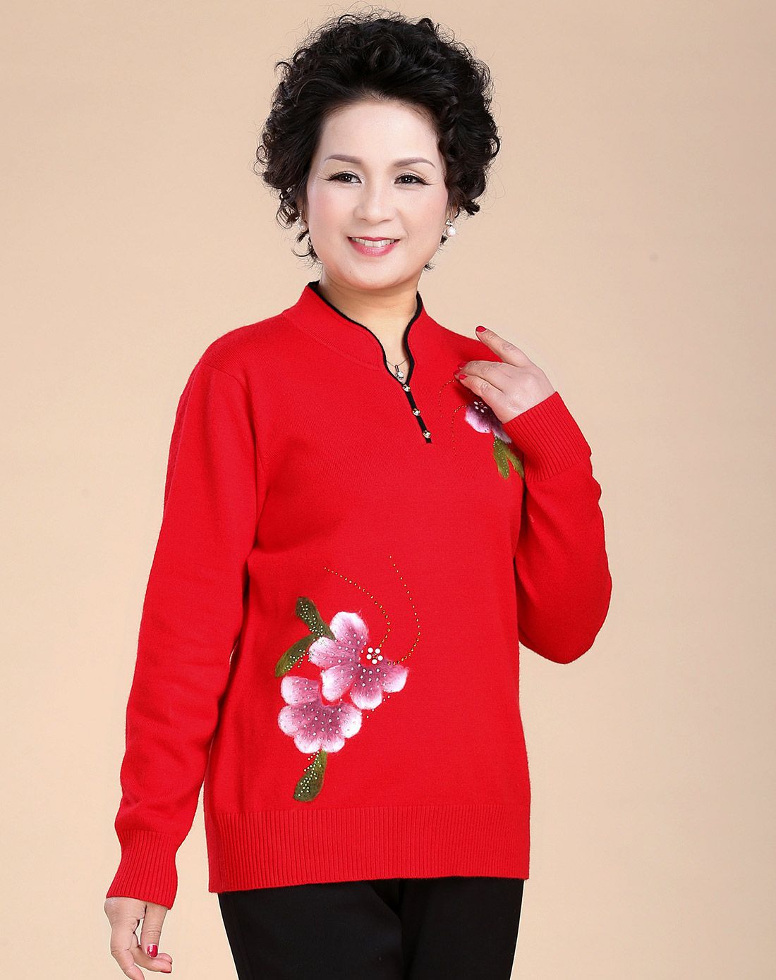 女款大红色对角花纹古典旗袍立领毛衫