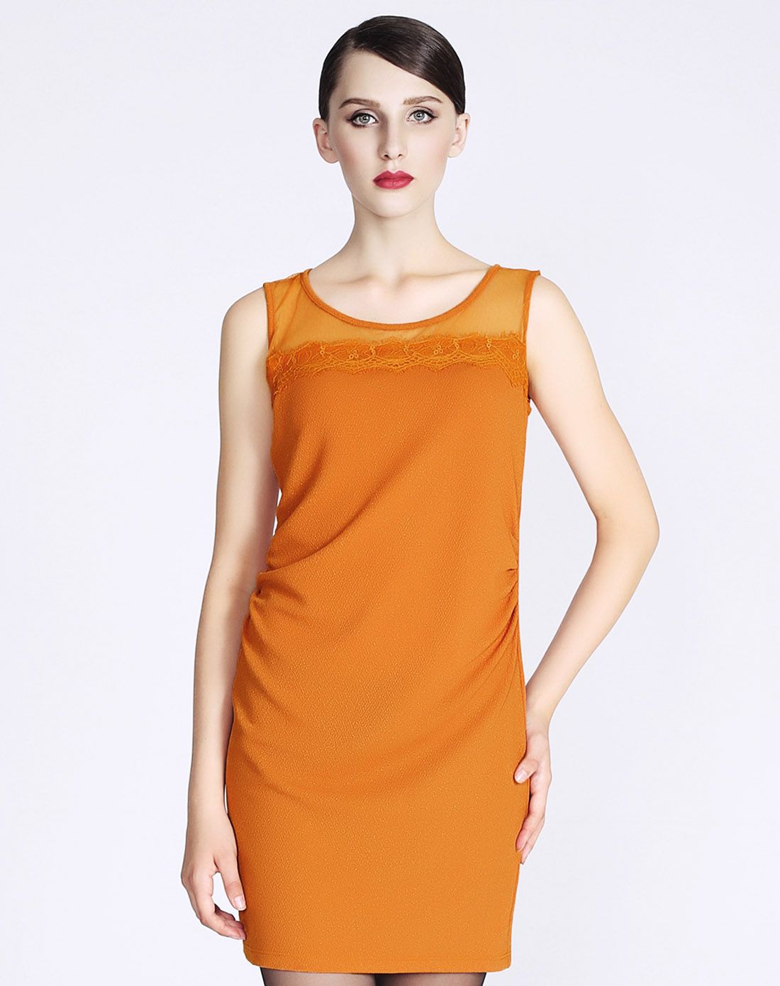 橙色蕾丝淑女无袖连衣裙