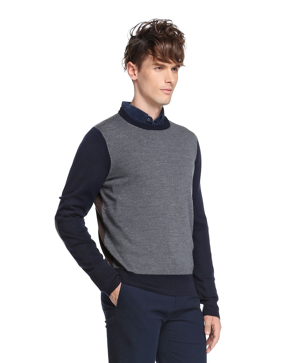 red fleece炭灰/棕色撞色圆领美利奴羊毛毛衣