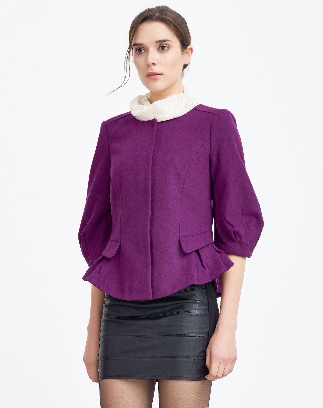 葡萄紫时尚休闲x廓形圆领毛呢中袖短外套