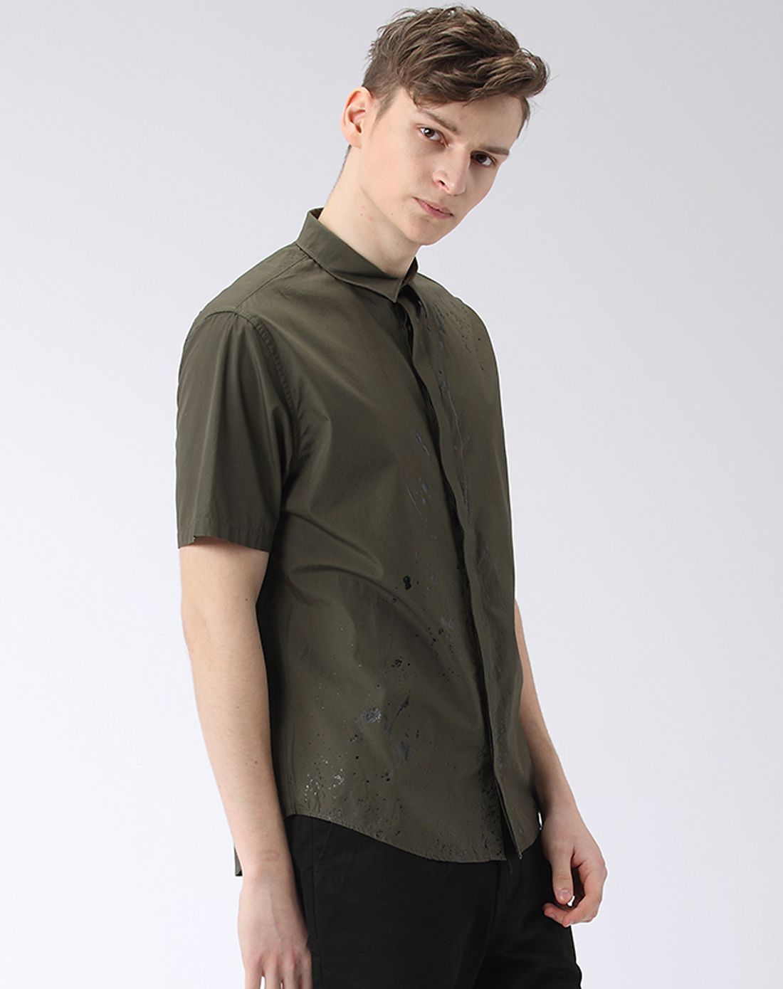 男款深绿灰色流行气质短袖衬衫