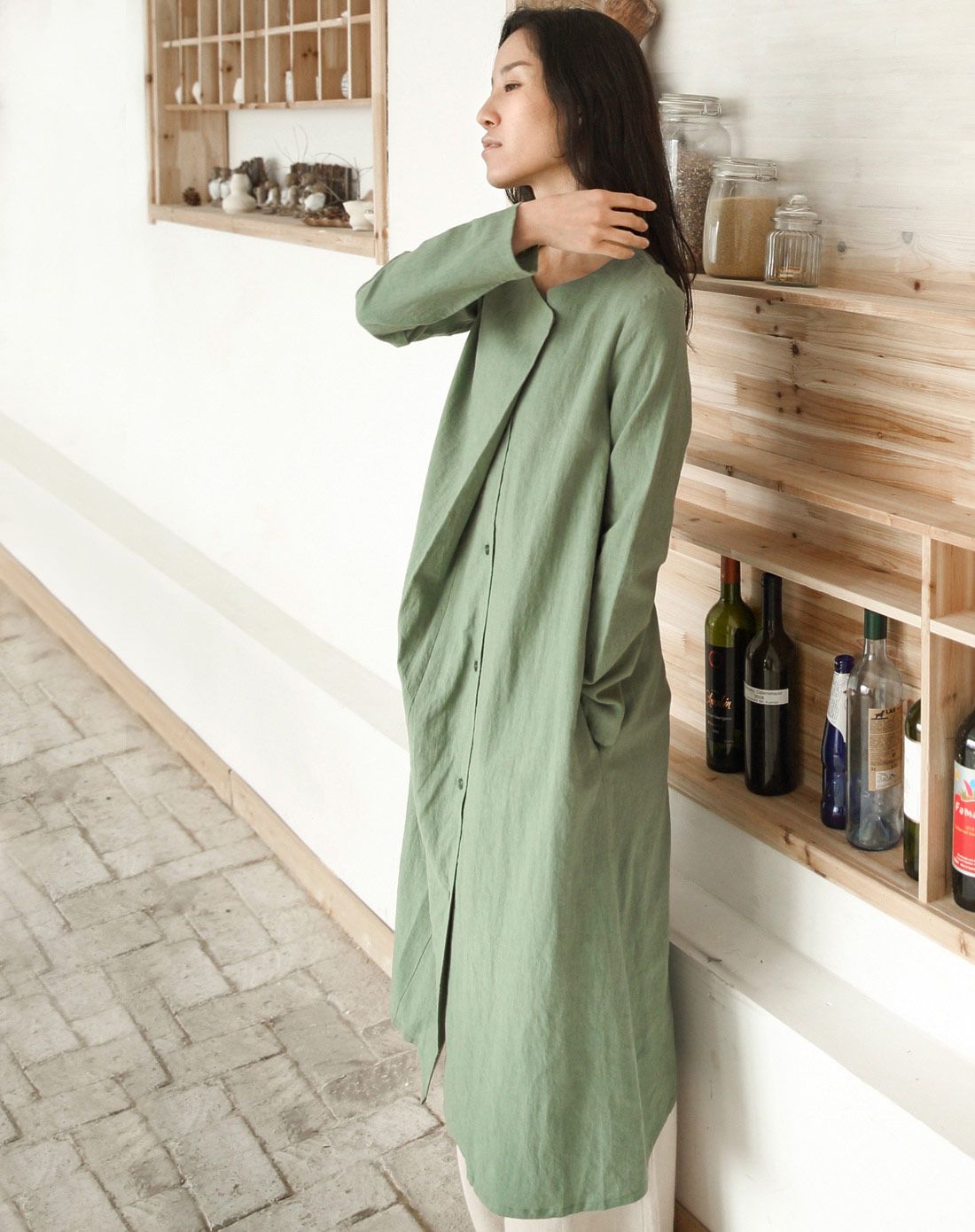 素缕souline 女款青绿色文艺长款斜门襟连衣裙