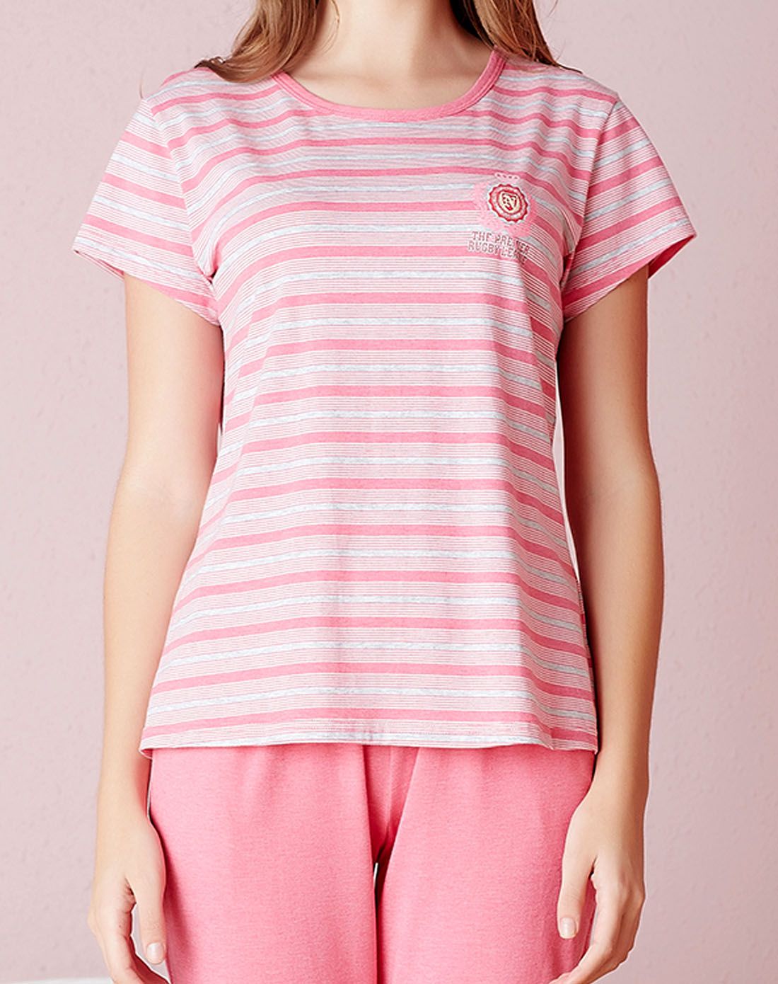 达尔丽女款中粉色色织条纹休闲短袖套装