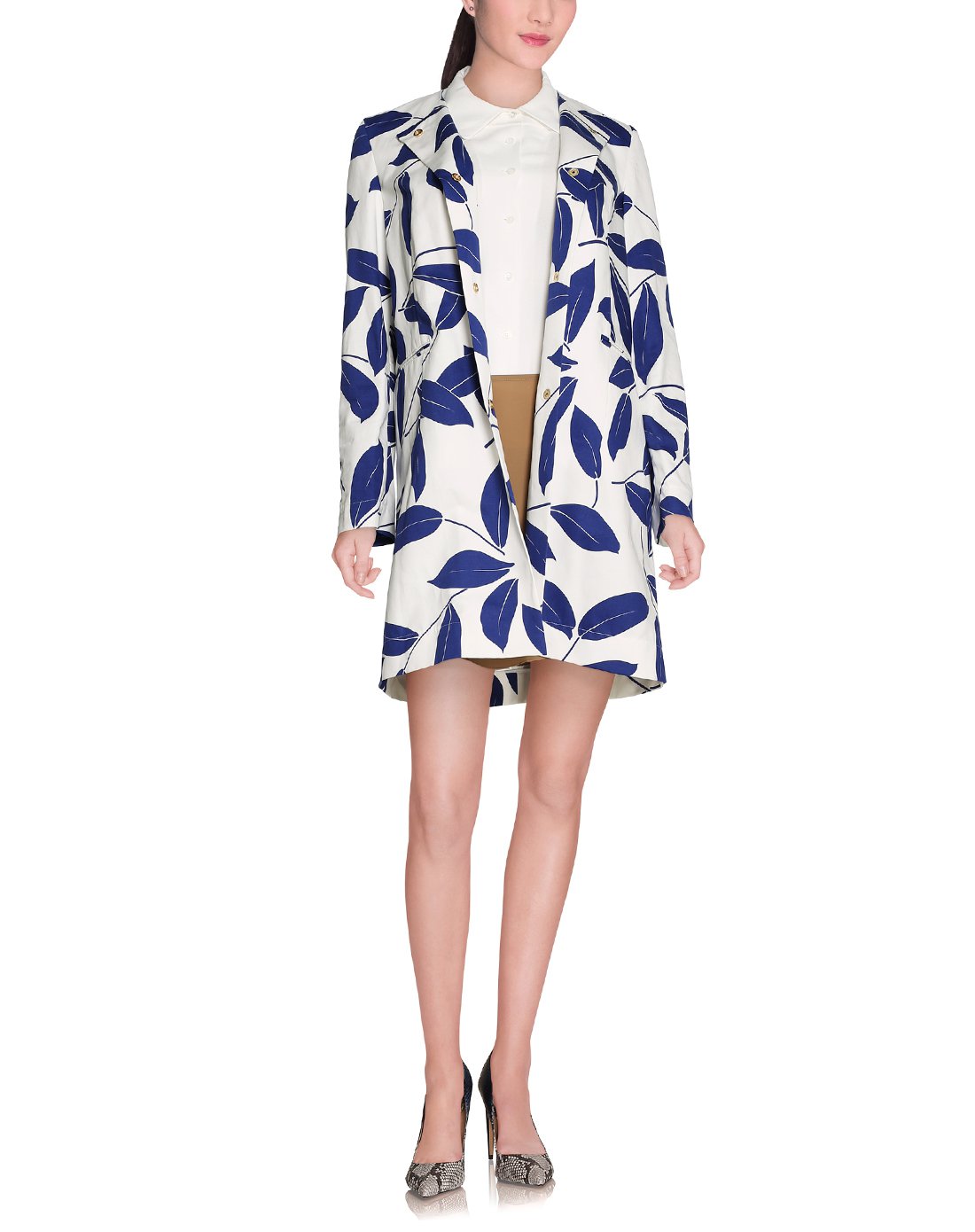 marni意大利奢华进阶女装marni女款树叶印花圆领长款外套白/宝蓝色