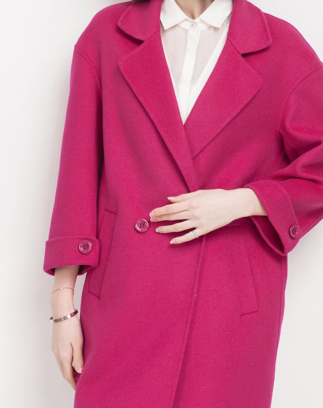 深玫红色简约百搭九分袖羊毛大衣