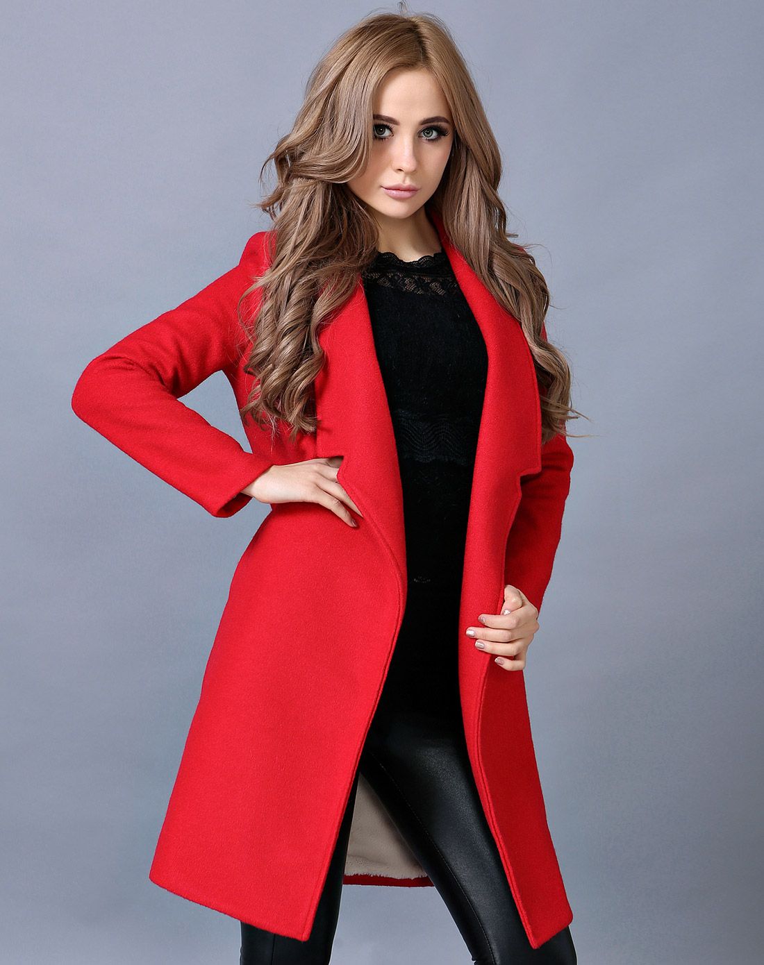 女款大红色翻领素版欧美风时尚大衣