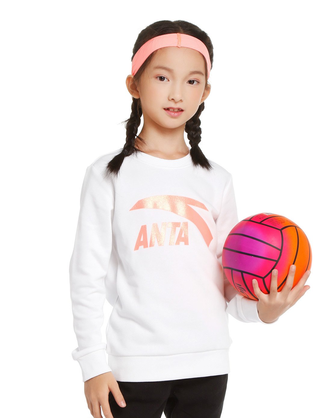 安踏anta 棉质透气 女大童长袖卫衣 女童童装 白色 130